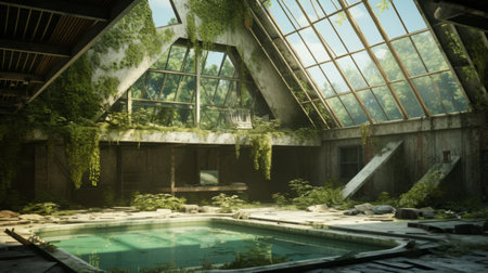 abandoned attic with pool hint, depicting cave-like space taken over by a large skylight and massive windows resembling a greenhouse. side view reveals cracked stone. ai generatedの素材