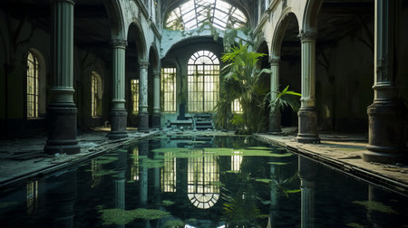 abandoned hallway with pool hint, depicting star, large skylight, massive windows like a greenhouse. view from side to see sculpture with cracks. keywords: abandoned hallway, pool, large size, star, skylight, massive windows, greenhouse, view from side, sculpture, cracks. ai generatedの素材