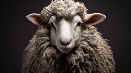 a meticulously detailed photograph of a sheep with hair, captured in the style of the dusseldorf school of photography. the sheep is sitting on a dark background, showcasing its distinctive nose. the image, available on flickr, features a color palette of light maroon and gray. it also incorporates jewish culture themes. this high-resolution photo is in 32k uhd quality. ai generatedの素材