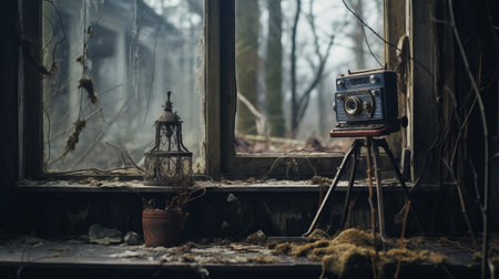 an abandoned room with an old camera and scattered leaves by the windows. this misty gothic-style photo captures the essence of miniaturecore and eccentric props, while depicting rural life. the cinematic mood and selective focus add depth to this national geographic-worthy image. ai generatedの素材