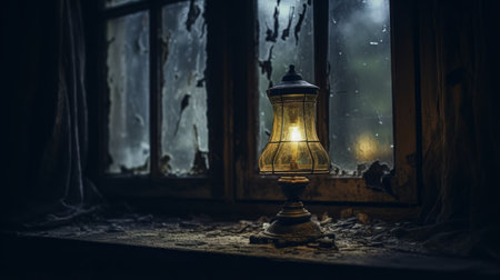 an old lamp sits on a windowsill, casting a dim light into the room. the scene resembles a post-apocalyptic backdrop, with its cracked and weathered appearance. the atmospheric effects and depictions of inclement weather add to the hauntingly beautiful and impressionist atmosphere. captured with a tokina at-x 11-16mm f/2.8 pro dx ii lens. ai generatedの素材