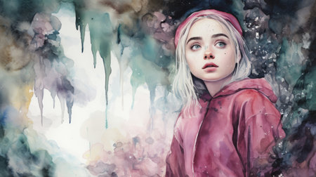 a young girl in a red kimono stands in front of a surrealistic waterfall, surrounded by ethereal watercolor washes. the painting, reminiscent of a post-apocalyptic scene, features detailed portraits with blink-and-you-miss-it details. the artwork has a light sky-blue and light magenta color palette, evoking a sense of mystery and intrigue. this captivating piece can be likened to mesmerizing poster art. ai generatedの素材
