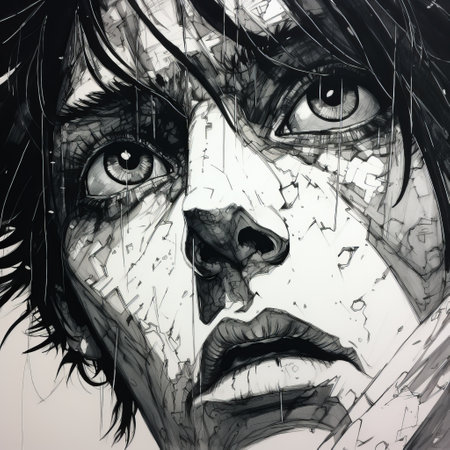 a closeup photo capturing john's face in darkness, with scratchy pen strokes and a blind contour technique. the fisheye perspective adds a unique touch to the stark hatch shaded sketchy lines. the ink creates strong angular shapes and woodcut shading, while the pouty lips and hungry eyes give a minimalist realistic feel with anime proportions and a distorted perspective. ai generatedの素材