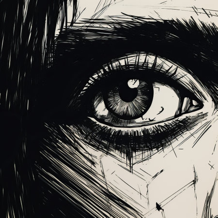 a closeup photo of charles's face, captured with a fisheye lens, showcases scratchy pen strokes and a blind contour technique. the sketchy and stark hatch shaded ink drawing features strong angular shapes and woodcut shading. the minimalist realistic style emphasizes pouty lips and hungry eyes, while the anime proportions and distorted perspective add a unique touch. ai generatedの素材