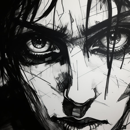 a closeup photo of charles's face, captured with a fisheye perspective, showcases scratchy pen strokes and a blind contour technique. the image is characterized by stark hatch shading and strong angular shapes, resembling a sketchy and scribbly woodcut. the minimalist yet realistic portrayal highlights pouty lips and hungry eyes, while the distorted perspective adds a touch of anime proportions. ai generatedの素材