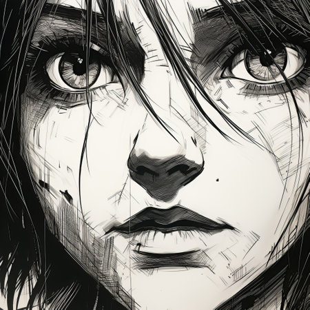 a closeup photo of linda's face captured with a fisheye perspective, showcasing scratchy pen strokes and blind contour techniques. the image features stark hatch shaded sketchy lines, strong angular shapes, and woodcut shading, creating a minimalist yet realistic effect. linda's pouty lips and hungry eyes add depth to the composition, while the distorted perspective and anime proportions add an intriguing touch. ai generatedの素材