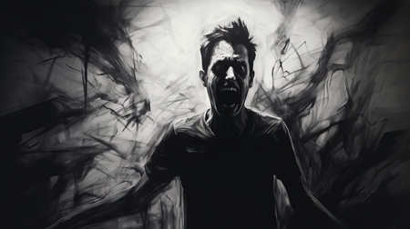 a dark and black character stands with his head up in front of a dark wall, showcasing the style of speedpainting, zombiecore, stark black and white photography, and zack snyder. this expressive image captures aggressive digital illustration and depicts trapped emotions through expressionist outbursts. ai generatedの素材
