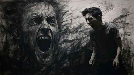 a performance art piece featuring a creepy frustration painting in black and white. the artwork showcases a michael shouting, surrounded by shadows on the wall. the piece evokes a strong sense of loneliness and is reminiscent of a real pencil sketch on paper. ai generatedの素材