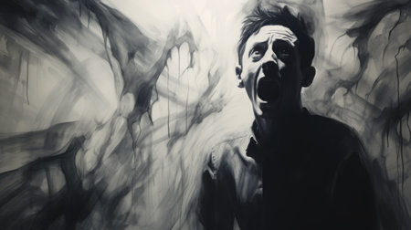 a monochrome painting depicting a man with his mouth open, exuding a dreamlike nightmare atmosphere. the stark contrast of light and shadow adds depth to the expressive oil studies. the swirling vortexes and imaginative prison scenes create an eerie ambiance, reminiscent of necronomicon illustrations. ai generatedの素材