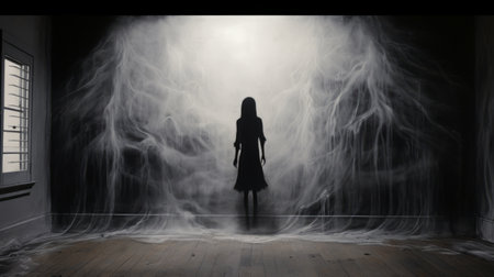 textile art: a creepy black and white painting of a megan shouting, surrounded by shadows on the wall. this textile artwork evokes a profound sense of loneliness, resembling a realistic pencil sketch on paper. ai generatedの素材