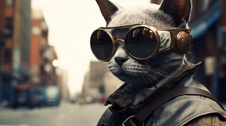 a tonkinese cat wearing sunglasses walks down a vibrant street in a dieselpunk-inspired setting. this animated gif, captured by photographer shuzo oshimi, showcases the groovy atmosphere with its gray and bronze color palette. this creative commons attribution image is a unique blend of feline fashion and retro aesthetics. ai generatedの素材