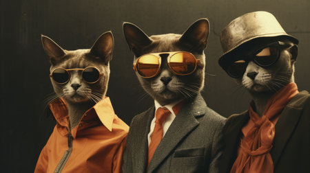 a small group of cats, dressed in orange suits, poses for a surreal portraiture photo. this unique image combines iconic pop culture references, a film noir aesthetic, and elements of metallic etherealism. inspired by artists like joel robison and oscar niemeyer, this photo captures a blend of corporate punk and feline fashion. ai generatedの素材