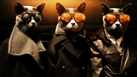 three cats wearing red glasses and sunglasses, embodying a cyberpunk dystopia aesthetic. the image showcases luxurious textures and is presented in ultra-high definition. the cats are adorned in dark gold, intricately detailed costumes, creating a unique mashup of styles that can be described as bronzepunk. ai generatedの素材