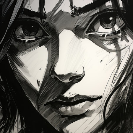 a closeup photo capturing susan's face in darkness, with scratchy pen strokes and a blind contour technique. the fisheye perspective adds a unique touch to the stark hatch shaded sketchy lines. the ink creates strong angular shapes and woodcut shading, while emphasizing the pouty lips and hungry eyes. the minimalist realistic style with anime proportions and distorted perspective completes the composition. ai generatedの素材