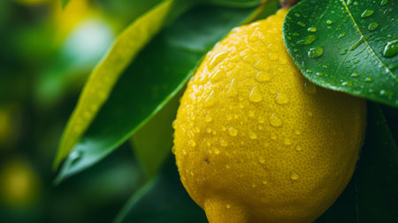 a vibrant lemon hangs from a flourishing, healthy tree, adorned with a single water drop. this captivating image captures the essence of lo-fi aesthetics, with lush detailing and a creative commons attribution. the selective focus adds depth and intrigue to the 32k uhd resolution, making it a stunning piece of art by greg olsen, inspired by the works of jessica drossin. ai generatedの素材
