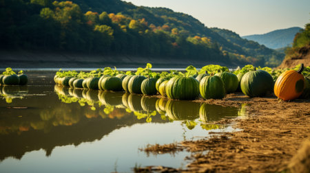 pumpkins of wolding river korea and hancheongnam, captured in this stunning photograph, showcase a unique style of reflections and mirroring. the nature-inspired motifs, with shades of light green and green, create a visually captivating composition. shot with a nikon f2 camera, this professional photograph is available in 32k uhd resolution. discover the beauty of manapunk through this eye-catching image on unsplash. ai generatedの素材