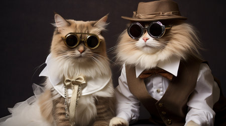 a cat dressed in a steampunk-inspired outfit, complete with goggle sunglasses, poses alongside a human wearing a matching ensemble. this unique photo captures the cultural mash-up of historical reproductions and the elegance of science academia. the cat's white and brown fur adds to the emotive faces of both subjects, creating an intriguing and captivating image. ai generatedの素材