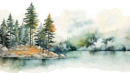 a watercolor landscape featuring trees near the water, showcasing nature-inspired imagery. the painting has a smokey background, with naturalistic renderings of grandiose environments. the soft mist adds to the overall ambiance of the scene. this artwork can be described as a beautiful example of cabincore and environmental portraiture. ai generatedの素材