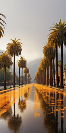 rainy gingko boulevard with golden palm trees on both sides. the ground is covered in yellow palm biloba leaves, creating a vibrant scene. in the distance, a mountain adds to the picturesque view. this real shooting captures the beauty of palm biloba in ultra-high resolution. ai generatedの素材
