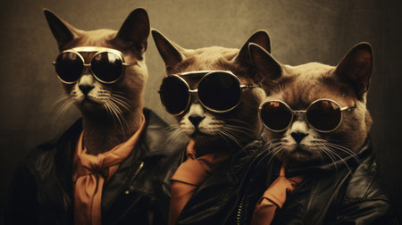 three cats in sunglasses, dressed in dark vintage-style clothing, pose in a uniformly staged image. the iconic rock and roll imagery, along with the leatherhide outfits, exude a hip hop and machine age aesthetic. these characterized animals create a visually striking and unique composition. ai generatedの素材