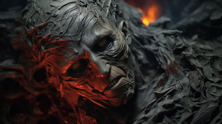 a black man wearing a red jacket stands amidst a fiery backdrop, showcasing intricate details of his face. this zbrush-style artwork captures the essence of tangled nests and features unique yokai illustrations. shot on 70mm, this close-up image by alex petruk ape is a captivating visual masterpiece. ai generatedの素材