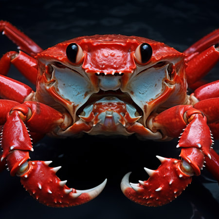 a red crab in a dynamic seascape, rendered in cinema4d with exaggerated facial expressions. this 32k uhd image showcases minimal retouching and vibrant, saturated colors. the strong facial expression of the crab adds a captivating element to the overall composition. explore this stunning image on sketchfab. ai generatedの素材