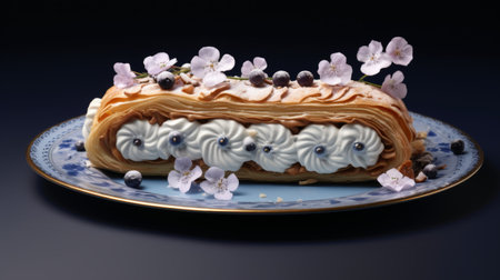 a cake, inspired by vincent callebaut's style, is placed delicately on a plate adorned with beautiful flowers. the hyperrealistic details bring the cake to life, reminiscent of the works of camille claudel. the color palette of light navy and light beige creates an elegant and soothing atmosphere. the cake is wrapped like a masterpiece, reminiscent of the art of tsuchiya koitsu, with a touch ofの素材