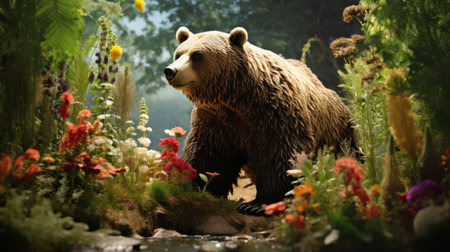 a stunning fullscreen wallpaper featuring a wild bear of eden, captured in a realistic perspective. this national geographic photo showcases the bear amidst whimsical floral scenes, creating a captivating and enchanting atmosphere. rendered in cinema4d, the image resembles a movie still, with intricate details and a miniature diorama-like quality. shot with a hasselblad hc 100mm f22 lens. ai generatedの素材