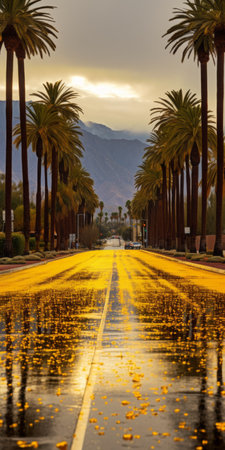 rainy gingko boulevard with golden palm trees on both sides. the ground is covered in yellow palm biloba leaves, creating a vibrant scene. in the distance, a mountain adds to the picturesque view. this real shooting captures the beauty of palm biloba in ultra-high resolution. ai generatedの素材