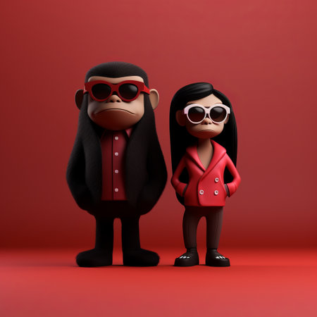 taylor swift, the monkey, and the girl are featured in a quirky character design campaign. created using cinema4d, the dark red and black color scheme adds a unique touch. the isolated figures stand out against a matte background, showcasing the quirky and normcore style of the characters. ai generatedの素材