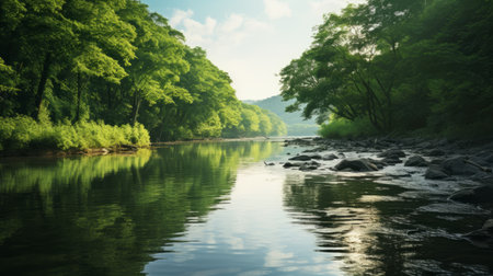 a stunning photograph of the wolding river in korea and hancheongnam, showcasing the beauty of nature through reflections and mirroring. the image features a captivating composition with nature-inspired motifs, highlighted by shades of light green and green. captured with a nikon f2 camera, this professional photograph is in 32k uhd resolution, making it perfect for any manapunk or nature enthusiast. this eye-catching image is availableの素材