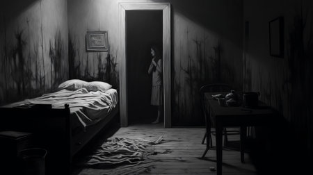 outsider art: a creepy contentment painting in black and white featuring nancy shouting, with haunting shadows on the wall. this artwork evokes a profound sense of loneliness, resembling a realistic pencil sketch on paper. ai generatedの素材
