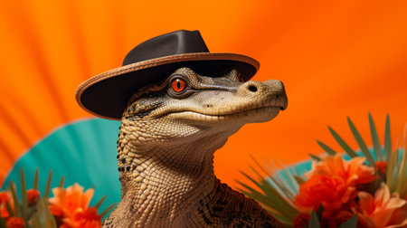 an alligator wearing a hat sits in a unique and artistic portrait, reminiscent of celebrity portraits with personality. the vibrant colors of dark orange and light cyan, enhanced by vray tracing and intel core technology, bring the image to life. the composition captures the essence of iconic hollywood stars, while the floralpunk aesthetic and smokey background add a touch of intrigue. ai generatedの素材