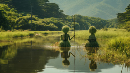 scarecrows of wolding river korea and hancheongnam, captured in this stunning photograph, showcase a unique blend of reflections and mirroring. the nature-inspired motifs, with their light green and green hues, create a visually captivating composition. shot with a nikon f2 camera in 32k uhd resolution, this professional photograph beautifully captures the essence of manapunk style. a true masterpiece of photography, available on unsplash. ai generatedの素材