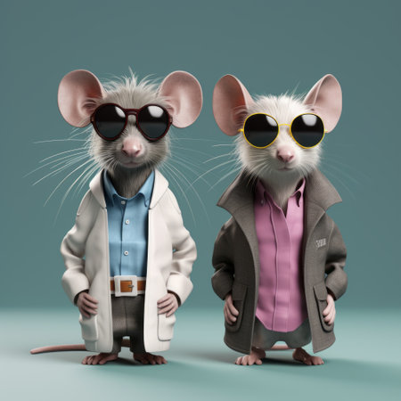 two microscopic rats in costume and a pair of sunglasses are depicted in this photorealistic rendering. this artwork draws inspiration from modern pop culture, grandparentcore, and the works of animated film pioneers such as serge marshennikov, tex avery, and bess hamiti. ai generatedの素材