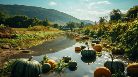 a stunning photograph of a pumpkin patch in wolding river korea and hancheongnam. this captivating image showcases reflections and mirroring, with nature-inspired motifs in light green and green hues. captured with a nikon f2 camera, the 32k uhd resolution highlights the eye-catching composition of this professional photograph. a perfect addition to any manapunk or nature-themed project. image courtesy of unsplash. ai generatedの素材