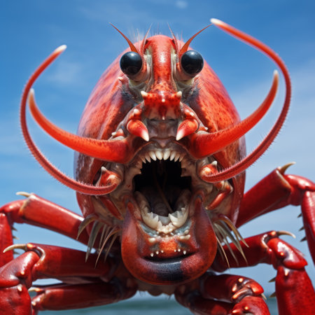 a lobster on the beach showcasing its open teeth, captured in the bold saturation style of the innovative photographer sung kim. this high-resolution 8k image features fisheye effects, emphasizing the lobster's crimson color and strong facial expression. a unique representation of the fascinating world of crustaceans, perfectly blending the elements of caninecore. ai generatedの素材