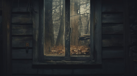 a cabin nestled in the woods, exuding a mysterious atmosphere with its gritty textures and intricate woodwork. the soft-focus portraits of the cabin's opening, windows, and fence add to the allure. this tabletop photograph captures the dark silver and amber tones, creating a captivating and enigmatic scene. experience the beauty of this uhd image, showcasing the cabin's rustic charm and the enchanting ambiance of theの素材