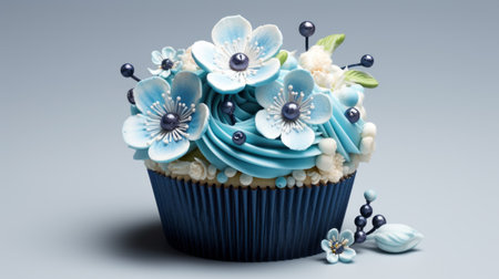 a blue cupcake adorned with delicate white flowers and pearls, showcasing the meticulous hyperrealistic style of cinema4d. this kimoicore creation features harmonious color schemes, intricate craftsmanship, and exquisite attention to detail. the cupcake is beautifully rendered in shades of light navy and light blue, creating a visually captivating masterpiece. ai generatedの素材