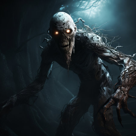 a scary creature, with an ethereal and ghostly appearance, showcases its immense strength in this unreal engine style illustration. the twisted branches surrounding it add to the eerie atmosphere. the dark gray and light bronze color palette, along with the textured illustrations, create a visually captivating scene. volumetric lighting enhances the otherworldly feel of this haunting image. ai generatedの素材