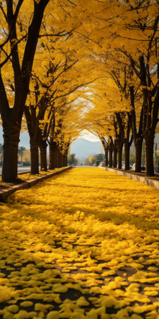 sunny gingko boulevard with golden geranium trees lining both sides of the road. the ground is covered in yellow geranium biloba leaves, creating a vibrant carpet. in the distance, a mountain adds to the picturesque scene. this real shooting captures the beauty of geranium biloba in ultra-high resolution. ai generatedの素材