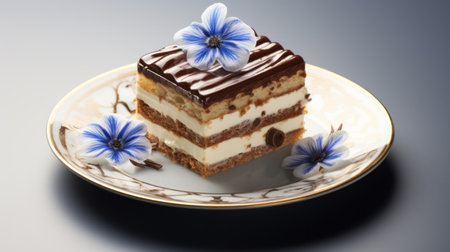 a chocolate cake adorned with flowers sits on a plate, showcasing a captivating blend of dark sky-blue and light beige hues. the design exudes a sense of reinforced classicism, with elements of animalier and multidimensional layers. captured using a konica big mini camera, the rectangular fields and sharp attention to detail make this photo a visual delight. ai generatedの素材