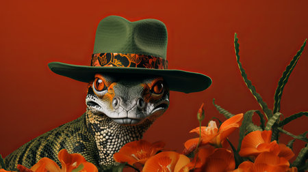 a lizard wearing a hat and surrounded by flowers is depicted in this rendered image created in cinema4d. this object portraiture specialist has beautifully captured the dark orange tones of the lizard, creating an animalier-inspired composition. the editorial illustrations showcase rich and immersive details, reminiscent of western-style portraits. ai generatedの素材