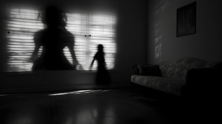 installation art: a haunting black and white portrayal of a creepy angry painting featuring nancy shouting, surrounded by eerie shadows on the wall. this artwork evokes a profound sense of loneliness, resembling a realistic pencil sketch on paper. ai generatedの素材