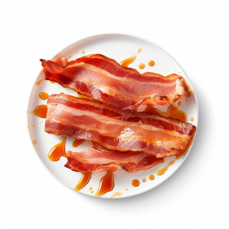 bacon slices covered with honey syrup are showcased on a plate in this vibrant and high-energy image. the white background enhances the caricature-like appearance, while the use of kodak portra film adds a touch of nostalgia. the cabincore aesthetic is evident, with digitally enhanced details and exacting precision capturing the essence of this visually captivating scene. ai generatedの素材