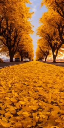 a stunning photo of a dewy gingko boulevard lined with sunflower trees on both sides. the golden color of the trees contrasts beautifully with the yellow sunflower biloba covering the ground. in the distance, a mountain can be seen, adding to the picturesque scenery. this real shot of sunflower biloba captures every detail in ultra-high resolution. ai generatedの素材