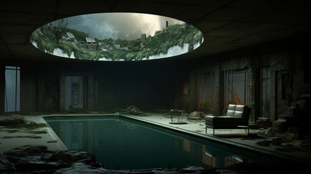abandoned basement with pool, moon, skylight, windows, and cracked retaining wall. ai generatedの素材