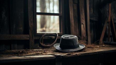 a dark gray cowboy hat rests on a wooden table near a window, creating an elegant and mysterious atmosphere. the forestpunk-inspired style is enhanced by the industrial-inspired backdrop. captured with a tokina at-x 11-16mm f/2.8 pro dx ii lens, this image showcases the unique blend of cowboy imagery and contemporary fashion. ai generatedの素材