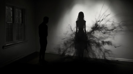 two individuals, immersed in a dark room, stand amidst swirling smoke. this captivating photo captures the essence of romantic figurative works, with its installation-based setting and shadowy intensity. the flowing silhouettes and selective focus add depth to this conceptual installation art, evoking a sense of romantic goth aesthetics. ai generatedの素材