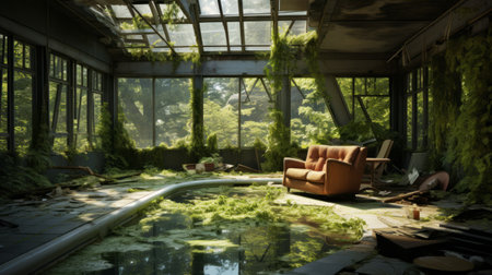 abandoned home office with pool, snow-covered, large size, sky light, massive windows, green house, side view, arbor cracks. ai generatedの素材